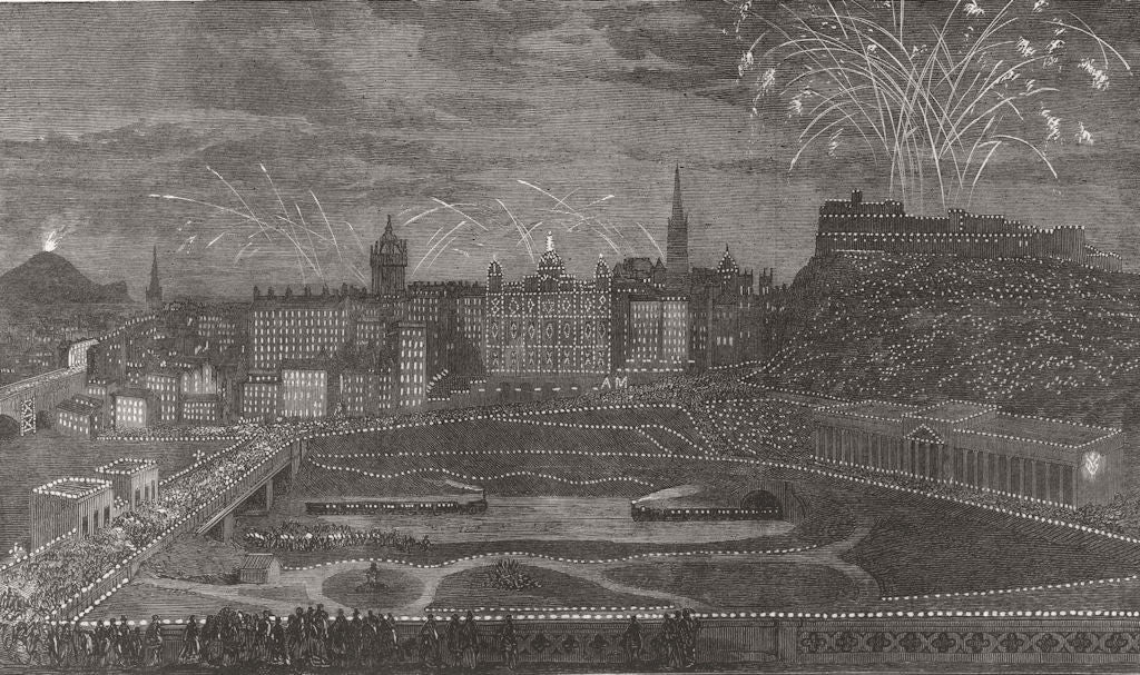 SCOTLAND. Edinburgh lit up, fireworks 1874 old antique vintage print picture